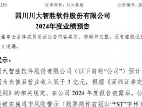 川大智胜：2024年预计亏损4900万元-6300万元 同比减亏63.30%-74.46% 公司股票可能被实施退市风险警示