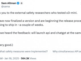 OpenAI将于几周内推出o3 mini推理AI模型