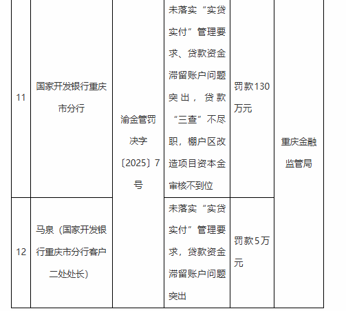 国家开发银行重庆市分行被罚130万元：因未落实“实贷实付”管理要求等违法违规行为