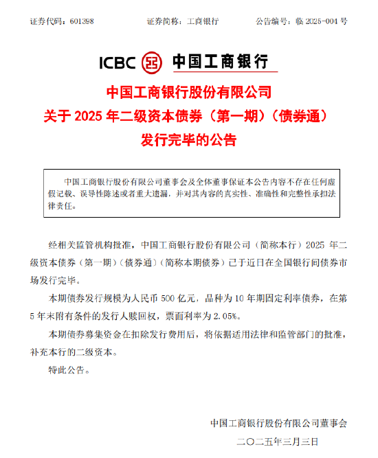 工商银行：完成发行500亿元二级资本债券